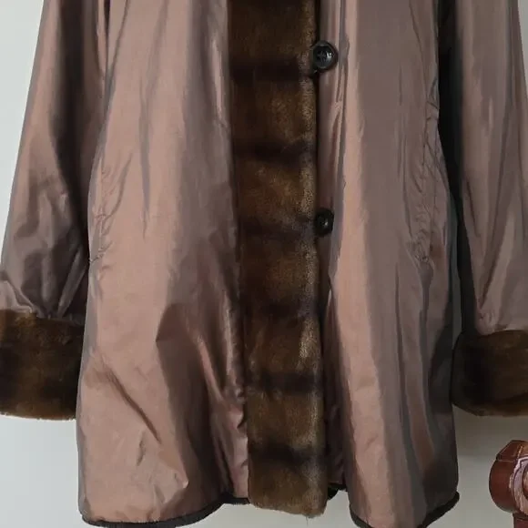 Dennis Basso Chocolate Brown Coat Large Faux Fur Hood Tafetta jacket - Picture 3 of 8